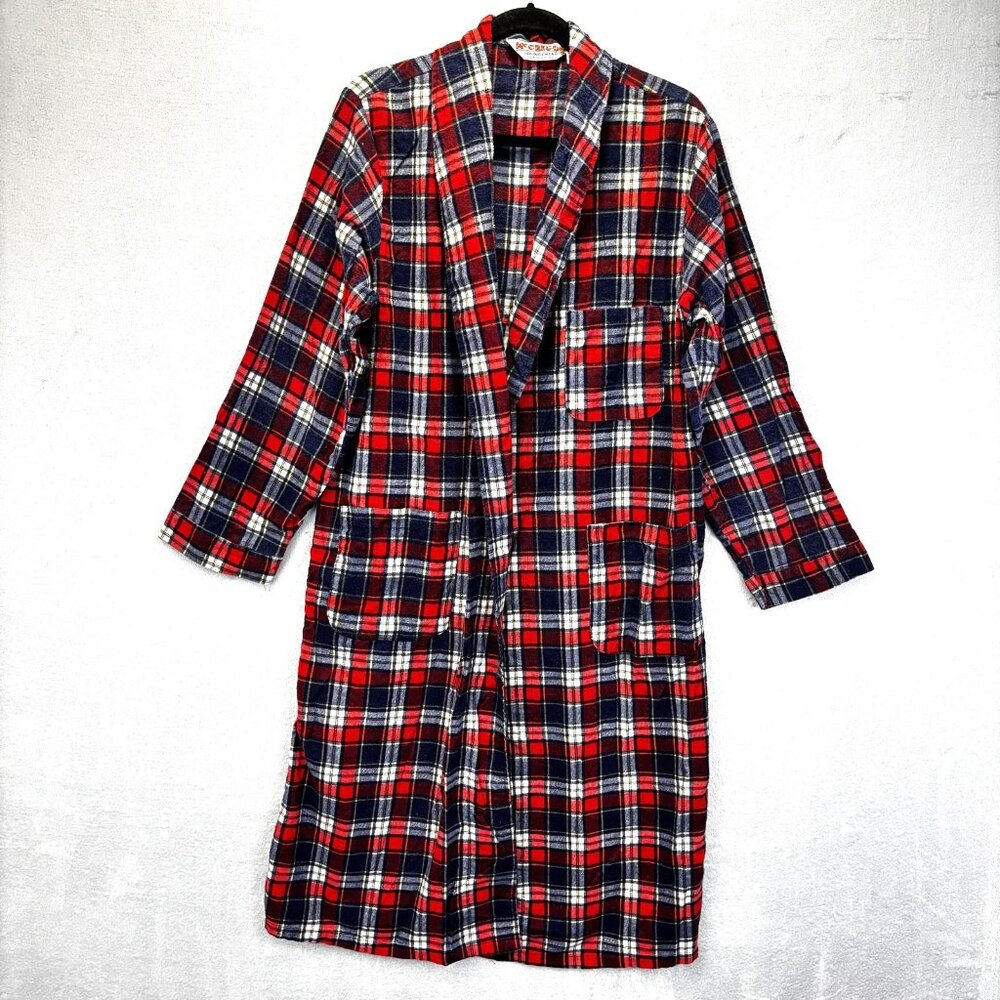 Vintage 70s 80s McGregor Flannel Bath Robe Mens Large Red‎ Navy Plaid Loungewear